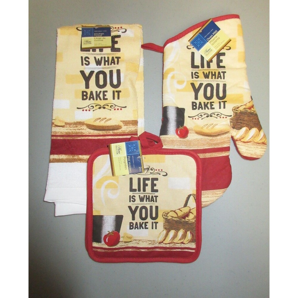 Kitchen Towel Set 4 Piece - Pot Holders, Oven Mitt and Cotten Kitchen Towel SET